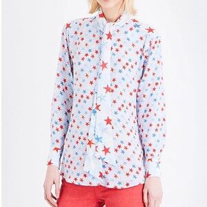 Sandro White Star-Print Tie-Neck Blouse with Red and Blue Stars